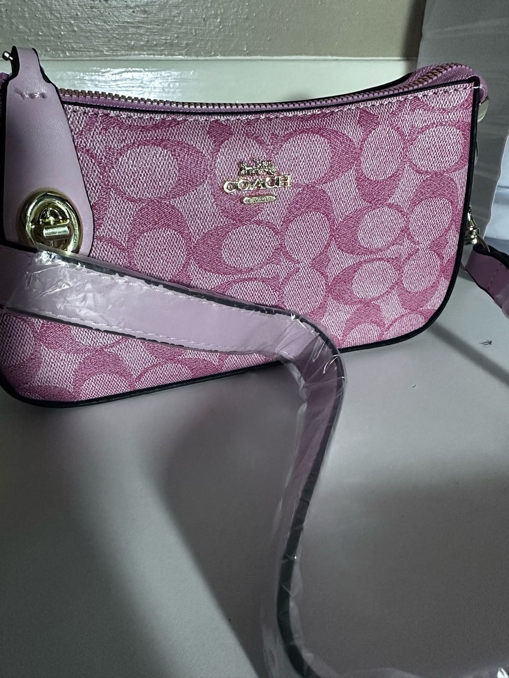 Coach Pink Signature Mini Shoulder Bag with Gold Hardware